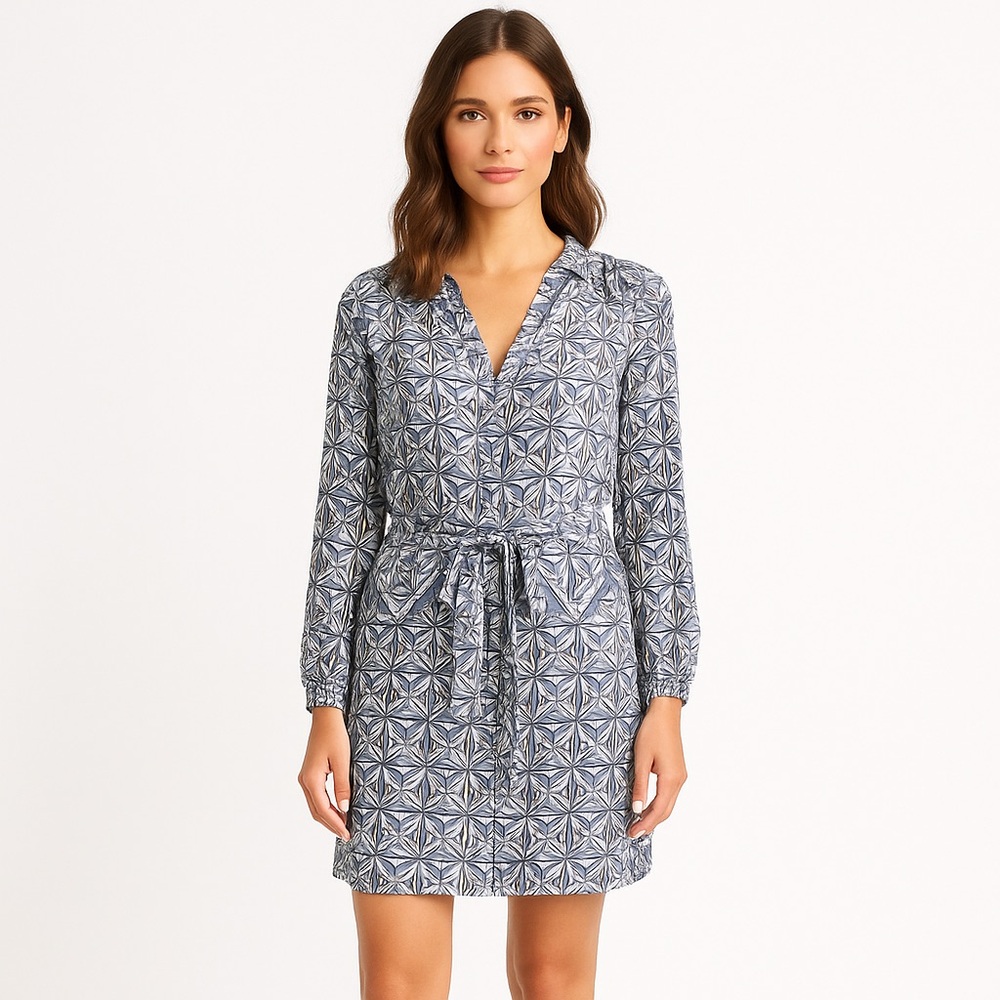 Tory Burch Blue and White Geometric Print Long-Sleeve Dress